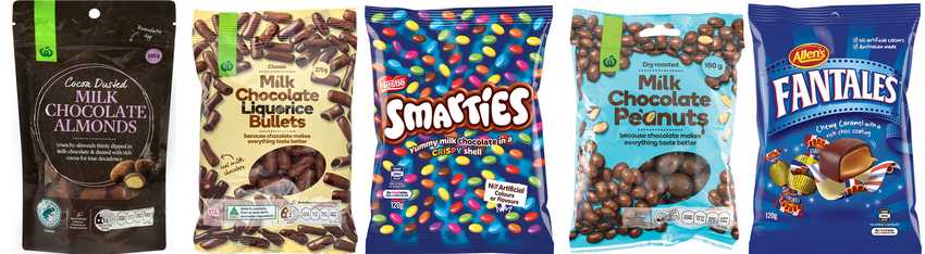 packets of Fantales, Smarties and Countdown own brand chocolate sweets