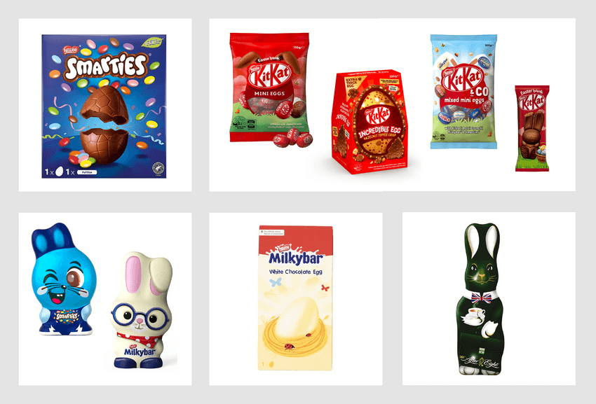 Various Nestle chocolate eggs and bunnies
