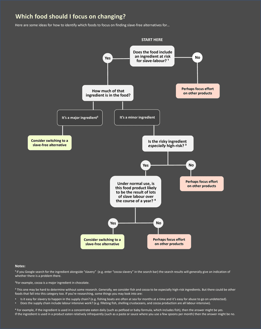 Decision tree flowchart outlining a series of questions to help determine which foods to focus on changing.