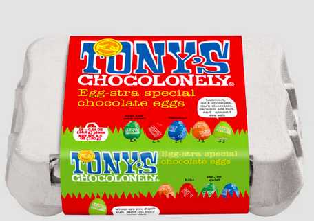 egg carton with brightly coloured Tonys Chocolonely sticker