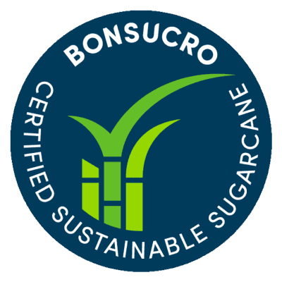 Logo: 'Bonsucro Certified Sustainable Sugarcane' written in white block letters around the edge of a navy blue circle. In the middle of the circle is an illustration of sugarcane growing.