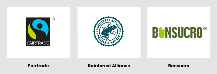 Fairtrade, Rainforest Alliance, and Bonsucro logos