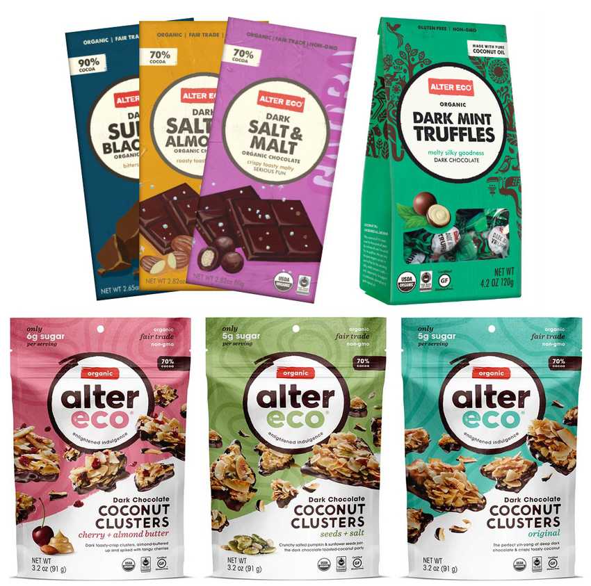 a selection of alter eco bars, truffles and clusters