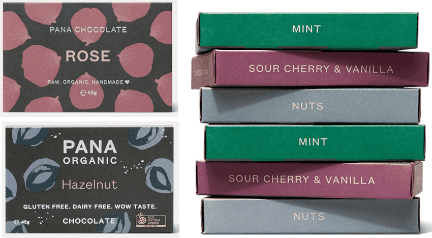 pana rose and hazelnut bars plus a stack of mint, nuts and sour cherry & vanilla bars
