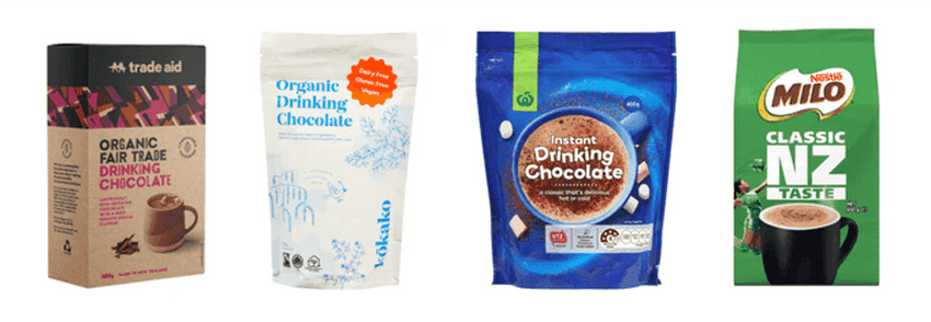 Drinking chocolate by Trade Aid, Kokako, Woolworths own brand, and Milo