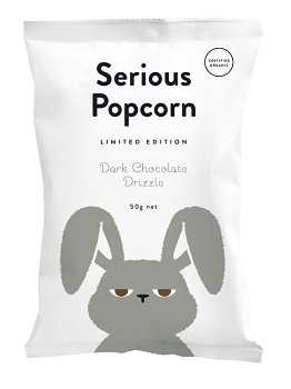 Bag of 'serious popcorn' with a picture of a bunny on it