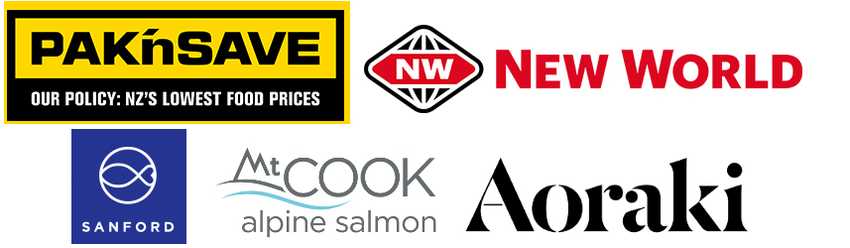 logos of PakNsave, New World, Sanford, Aoraki and Mt Cook