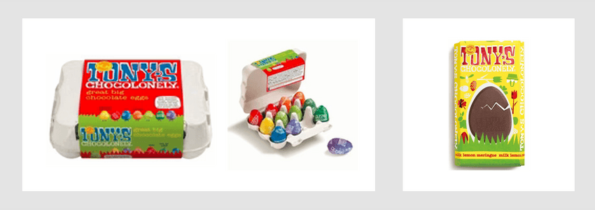 Tony's Chocolonely products - Egg carton containing chocolate easter eggs, and a yellow chocolate block