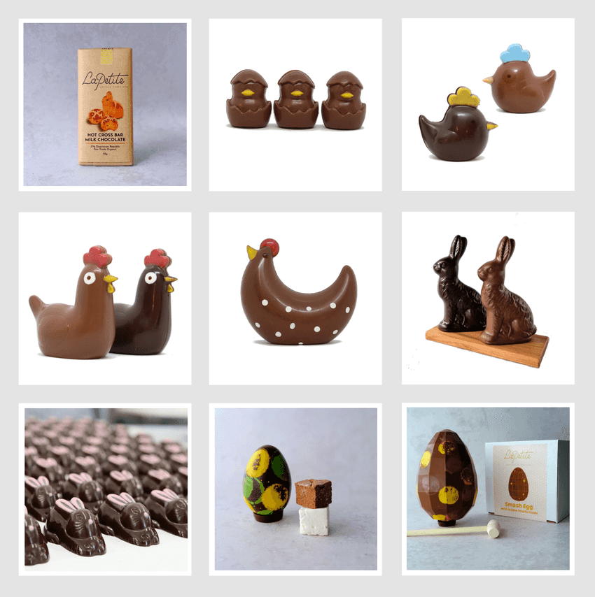 La Petite chocolates including eggs, chocolate bars, bunnies, chicks, and hens