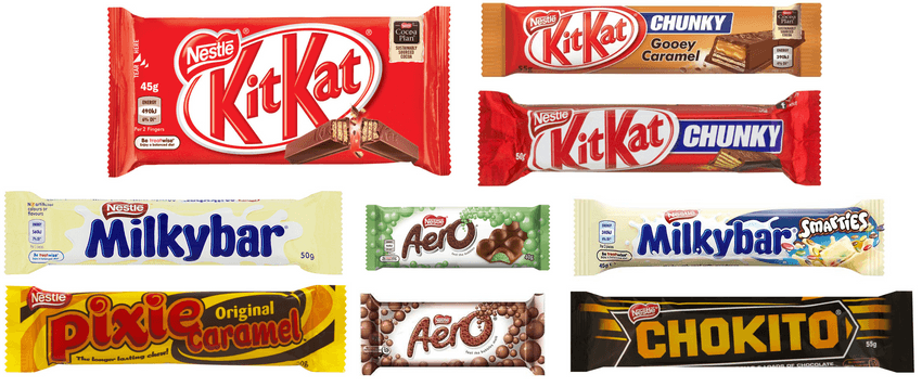 Kit kats, milky bars, pixie caramel, chokito and aero bars