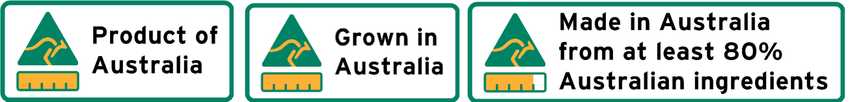 logos for product of Australia, grown in Australia, Made in Australia from Australian ingredients.  All feature a yellow kangaroo on a green triangle and a bar graph showing the percentage Australian grown ingredients