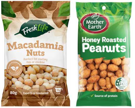 fresh life macadamias and Mother Earth honey roasted peanuts