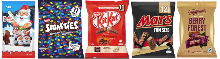 Kinder sharepack, Nestle 'fun packs' of smarties, kit kats; mars and Whittakers share bags