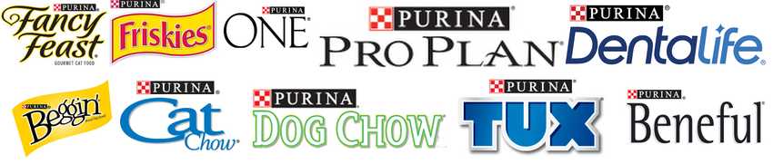 Logos of Fancy Feast, Friskies, Purian ProPlan, Purina DentaLife, Beggin, Cat Chow, Dog Chow, Tux and Beneful