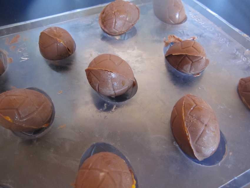 mould tray with complete eggs jutting up at odd angles