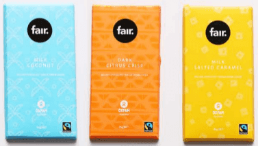 bars of Oxfam coconut, citrus and salted caramel chocolate