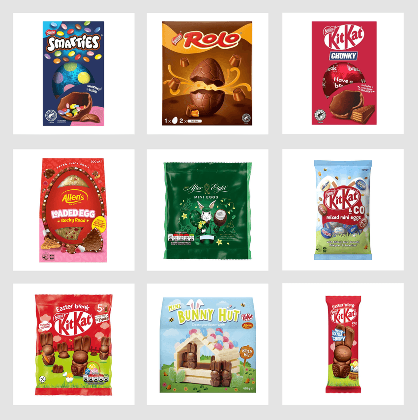 A grid of nine Easter-themed chocolate products. Top row: a box of Nestlé Smarties chocolate egg with candy pieces inside, a Rolo chocolate egg, and a KitKat Chunky chocolate egg. Middle row: an Allen's Loaded Egg Rocky Road, a bag of After Eight mini eggs, and a KitKat & Co mixed mini eggs assortment. Bottom row: a bag of KitKat Easter bunny chocolates, a KitKat and Allen's Mini Bunny Hut chocolate kit, and a small KitKat chocolate bunny bar.