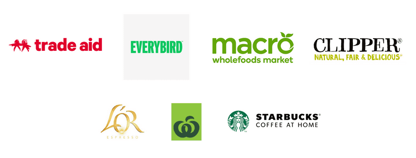 Logos for Trade Aid, Everybird, Macro, L'OR, Countdown own brand, and Starbucks coffee at home