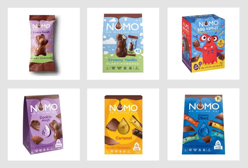 Six Moo Free dairy-free Easter chocolate products displayed in a 2×3 grid on a light grey background. Top row: a chocolate bunny with “Moofreesas bunny bar” packaging, a “clucky egg bar” with a chick-shaped chocolate egg, and a “rocky road egg” box with a cartoon character. Bottom row: a “bunnycomb egg” box, a yellow and purple bag of “fondant mini eggs” with a white fondant centre, and an “egg hunt kit” gift box with a rainbow handle and cartoon animals.