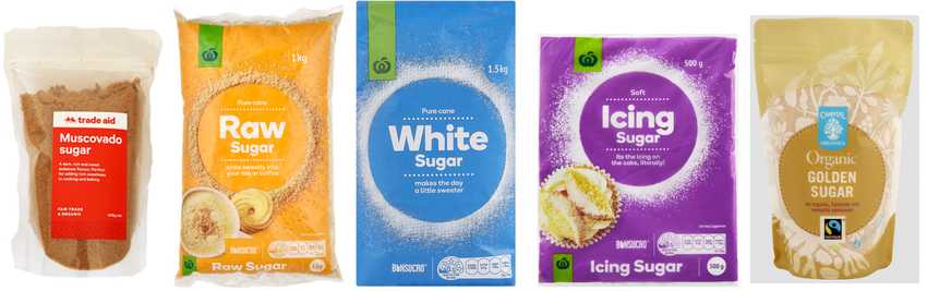 Packets of Trade-Aid, Countdown, and Chantal FairTrade sugar