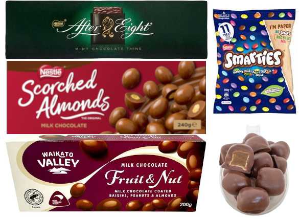 After 8s, Nestle scorched almonds, Waikato Valley fruit and nut, smarties and a scoop of choc-coated ginger from the Carefillery