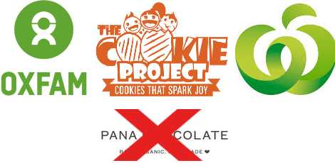 logos for Oxfam, The Cookie Project and Countdown, plus the Pana logo with a red X through it.
